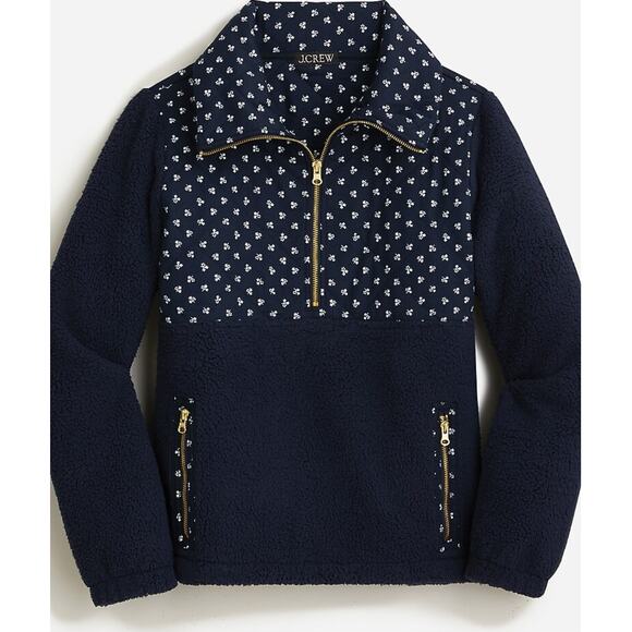 J.Crew Quilted Sherpa Fleece Zip Pullover XXS Floral Navy Blue BM370 J.Crew - Picture 2 of 6